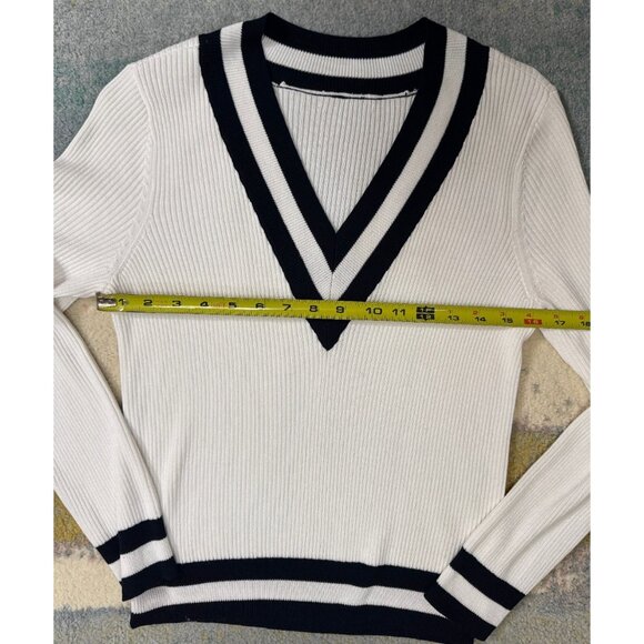 Ribbed‎ Knit Womens White V-Neck Cricket Varsity Long Sleeve Sz M Preppy Sweater - Picture 7 of 8